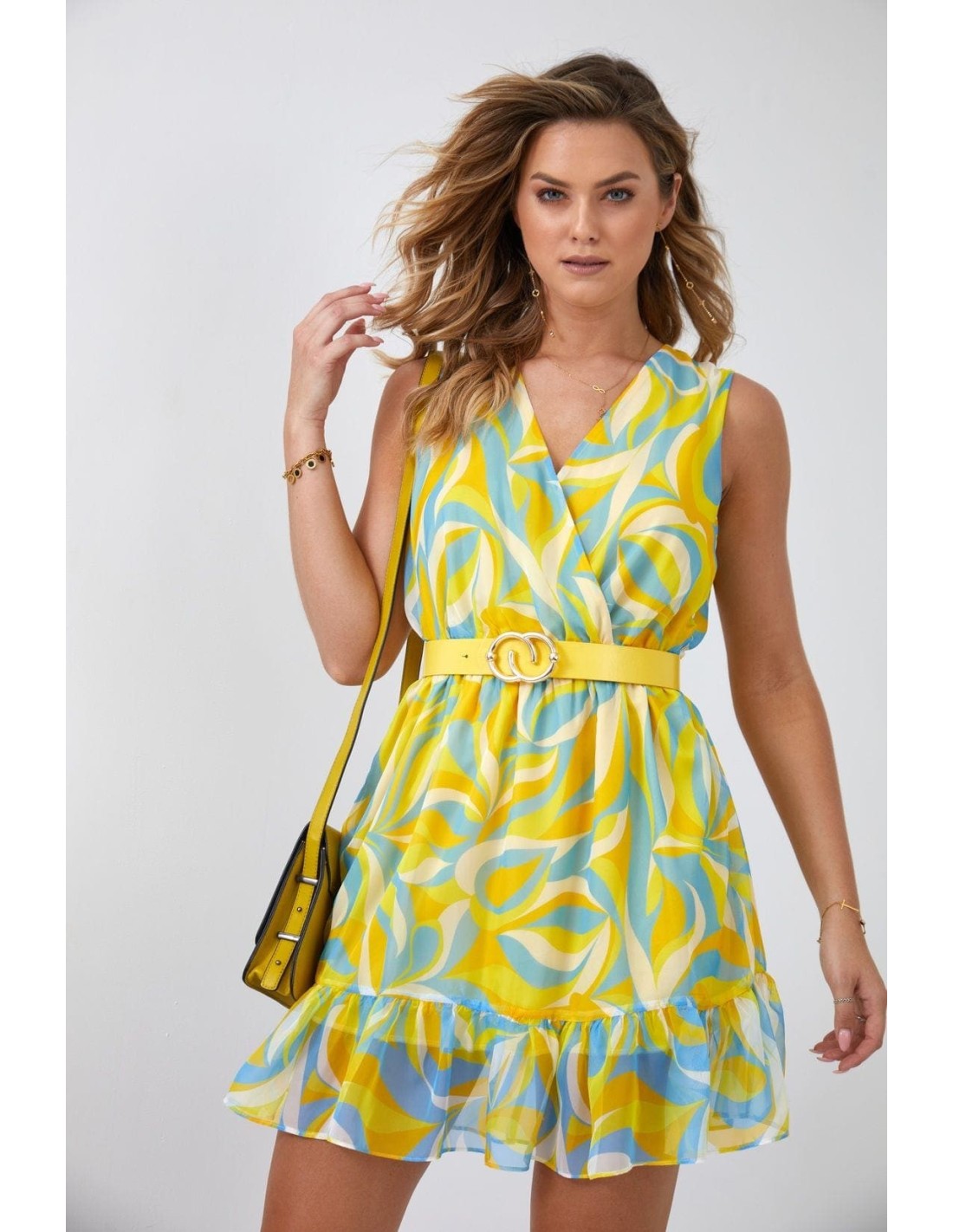 Light patterned dress with a belt, blue and yellow 03040 - Online store - Boutique